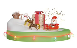 3d musical box with reindeer, Santa Claus, sleigh, gift box, snowman, snow hill, glass transparent lamp garlands. merry christmas and happy new year, 3d render illustration png