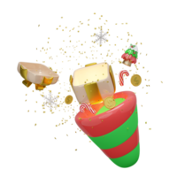 explosion firecracker funnel with open gift box empty, coins, christmas tree, candy cane, snowflake. merry christmas and happy new year, 3d render illustration png