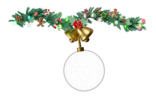 snow ball with branches of pine trees, Jingle bell, candy cane, red bow, holly berry leaves, clear glass lantern garlands, star. merry christmas and happy new year, 3d render illustration png