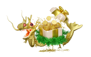 3d open gift box empty with gold dragon, dollar coins stacks, wreath pine leaves. chinese new year 2024 capricorn. 3d render illustration png