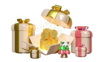 3d open gift box with dollar coins stacks, christmas tree. merry christmas and happy new year, 3d render illustration png