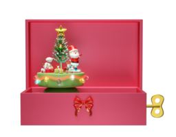 3d musical box with santa claus dance, snowman, deer, gift box, glass transparent lamp garlands. merry christmas and happy new year png