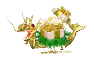 3d open gift box with gold dragon, dollar coins stacks, wreath pine leaves. chinese new year 2024 capricorn. 3d render illustration png