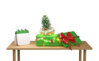gift box with christmas tree, calendar, clear glass lantern garlands on the table. merry christmas and happy new year, 3d render illustration png