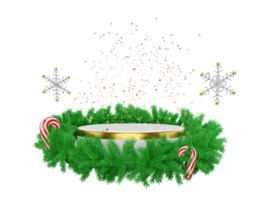 3d cylinder stage podium empty with wreath pine leaves, candy cane, snowflake. merry christmas and happy new year, 3d render illustration png