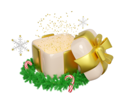 3d open gift box empty with wreath pine leaves, candy cane, snowflake. merry christmas and happy new year, 3d render illustration png