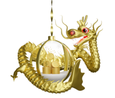 3d snow ball, ornaments glass transparent with gold dragon, dollar coins stacks, chinese new year 2024 capricorn. 3d render illustration png