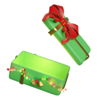 geschenk doos met gouden lint, boog, takken van pijnboom bomen, rinkelen klok, snoep riet, rood boog, hulst BES bladeren, Doorzichtig glas lantaarn slingers. vrolijk Kerstmis en gelukkig nieuw jaar, 3d geven illustratie png