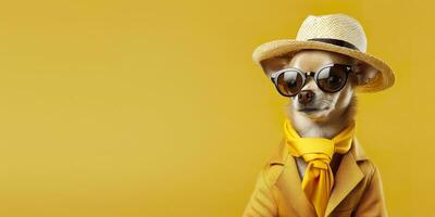 ai generado frio mirando chihuahua perro vistiendo miedoso Moda vestido. espacio para texto Derecha lado. generativo ai foto