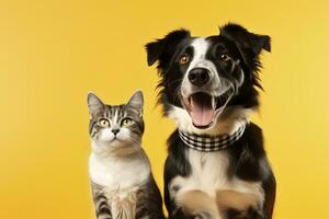 AI generated Cat and dog together with happy expressions on yellow background. AI Generated photo