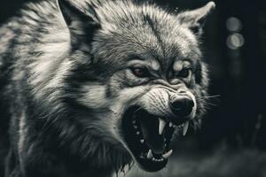 AI generated Greyscale closeup shot of an angry wolf with a blurred background. AI Generated photo