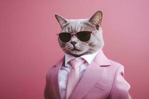 ai generado un gato es vistiendo Gafas de sol y traje en rosado antecedentes. ai generado foto