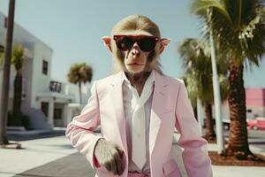 AI generated A Monkey is wearing sunglasses, suit and standing on street. AI Generated photo