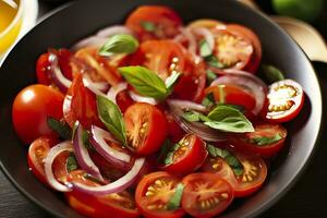 AI generated Healthy tomato salad with onion basil olive oil and balsamic vinegar. AI Generated photo