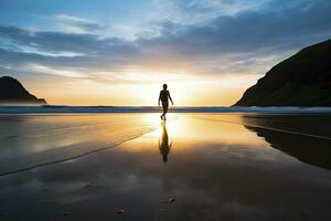 ai generado un persona caminando en el playa a puesta de sol. ai generado. foto