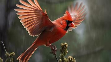 AI generated Northern Cardinal coming in for a landing. Generative AI photo