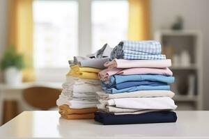 AI generated Stack of clean clothes on table in room. Generative AI photo