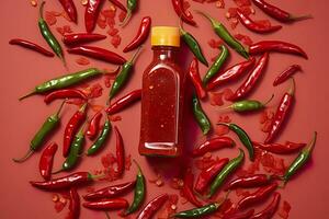 AI generated Tabasco hot pepper sauce with red chili pepper, flat lay. Generative AI photo