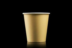 AI generated Side view yellow empty disposable paper fast food cup isolated on black background. Generative AI photo