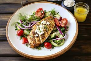 AI generated Seared chicken breast and Greek salad on a wooden table. Generative AI photo