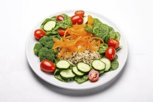 AI generated Salad with quinoa, spinach, broccoli, tomatoes, cucumbers and carrots. AI Generated photo