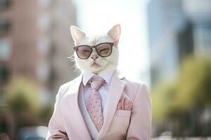 A cat is wearing sunglasses, suit and standing on street. AI Generated photo