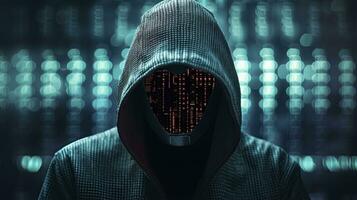 binario intriga. anónimo robótico hacker concepto de hackear. ai generado foto