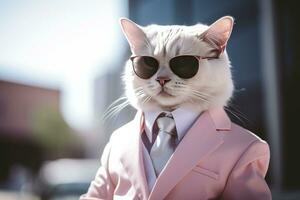 A cat is wearing sunglasses, suit and standing on street. AI Generated photo