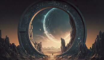 Portal to another world. Futuristic cosmic landscape with circle tunnel in starry sky. Generative AI photo
