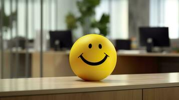 un amarillo sonriente pelota lata promover un positivo trabajo ambiente. generativo ai foto