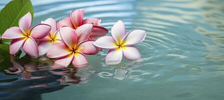 Plumeria flowers on green leaf floating on water. A peaceful and serene scene with a touch of nature and beauty. AI Generated photo