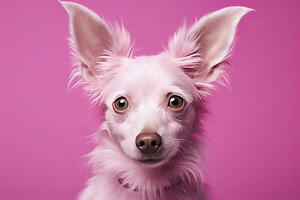 Pink colored dog on Pink Background. AI Generated photo