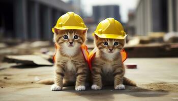 ai generado dos gatitos vistiendo difícil sombreros en un construcción sitio. generativo ai foto