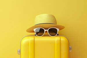 AI generated Yellow suitcase with sun glasses and hat on yellow background. travel concept. Generative AI photo