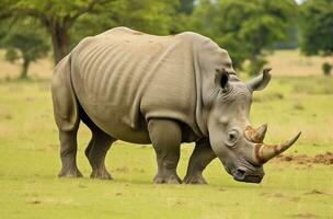 AI generated White Rhino grazing. AI Generated photo