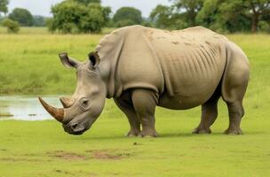 AI generated White Rhino grazing. AI Generated photo