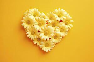 AI generated Yellow Heart Shaped By Yellow Daisies Over Yellow Background. AI Generated photo