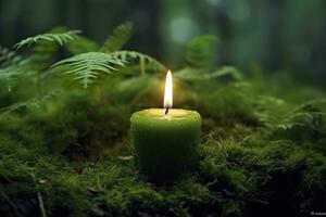 AI generated Burning candle on moss, dark green blurred the natural background. Magic candle. Generative AI photo