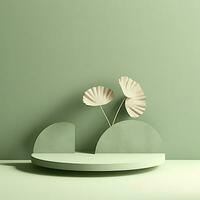 AI generated Empty podium with Ginkgo Biloba leaves and shadows on pastel green background.  AI Generated. photo