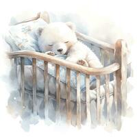 AI generated A sleepy baby white bear in bedding. watercolor illustrations. AI Generated photo