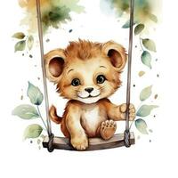 AI generated Cute happy baby lion on swings attached to the tree in watercolor style. AI Generated photo