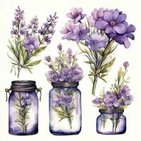 AI generated Collection of watercolor mason jars with purple flowers clipart. AI Generated photo