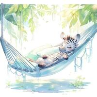 AI generated A sleepy baby zebra in a hammock. watercolor illustrations. AI Generated photo