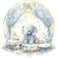 AI generated An elephant on a bed with stars and blankets around the circle. AI Generated photo