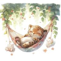 AI generated A sleepy baby leopard in a hammock. watercolor illustration. AI Generated photo