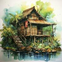 AI generated A watercolored bright serene image of a traditional bahay kubo. AI Generated photo