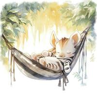 AI generated A sleepy baby zebra in a hammock. watercolor illustrations. AI Generated photo