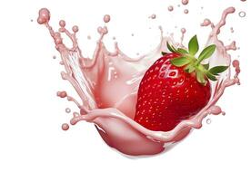 AI generated milk or yogurt splash with strawberries isolated on white background, 3d rendering. AI Generated photo