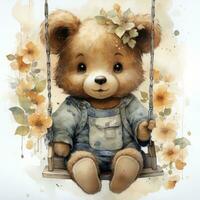 AI generated A cute happy teddy bear swings on a tree on a white background. AI Generated photo