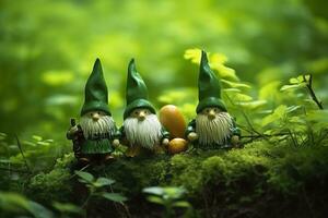 ai generado juguete irlandesa gnomos en un misterio bosque, resumen verde natural antecedentes. generativo ai foto